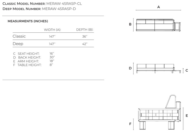 Modulo con bracciolo destro e tavolino Luma dimensioni